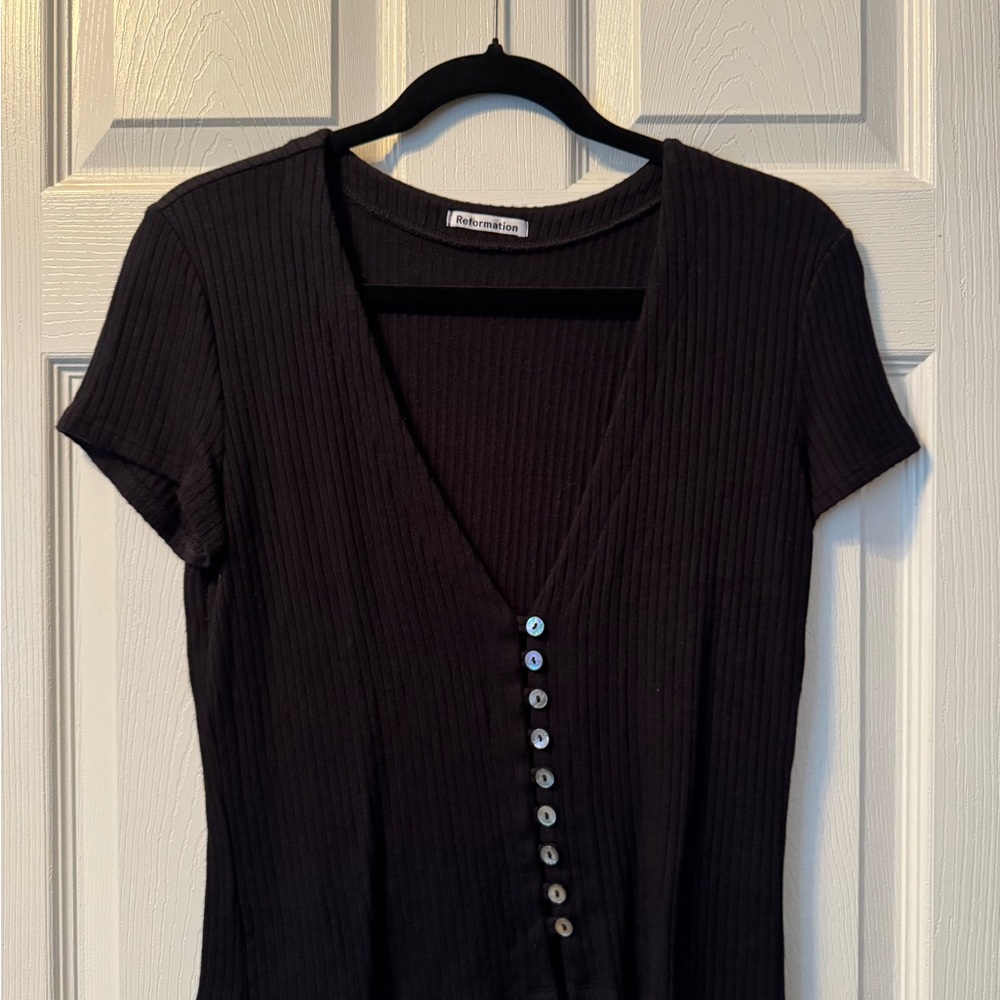 Reformation Black Ribbed V-Neck Top